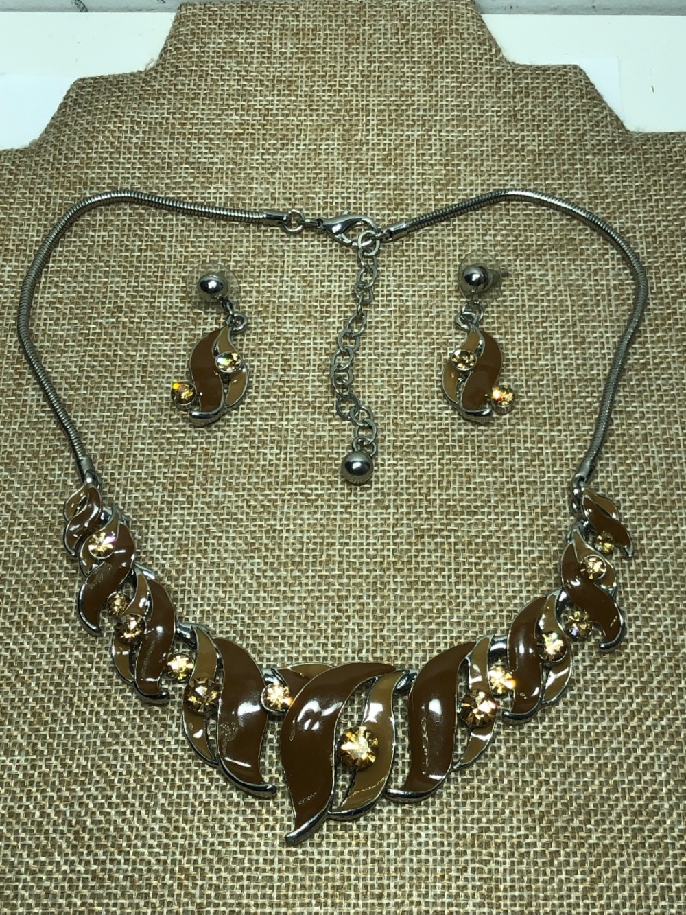 Brown topaz rhinestone link necklace Earr. Set